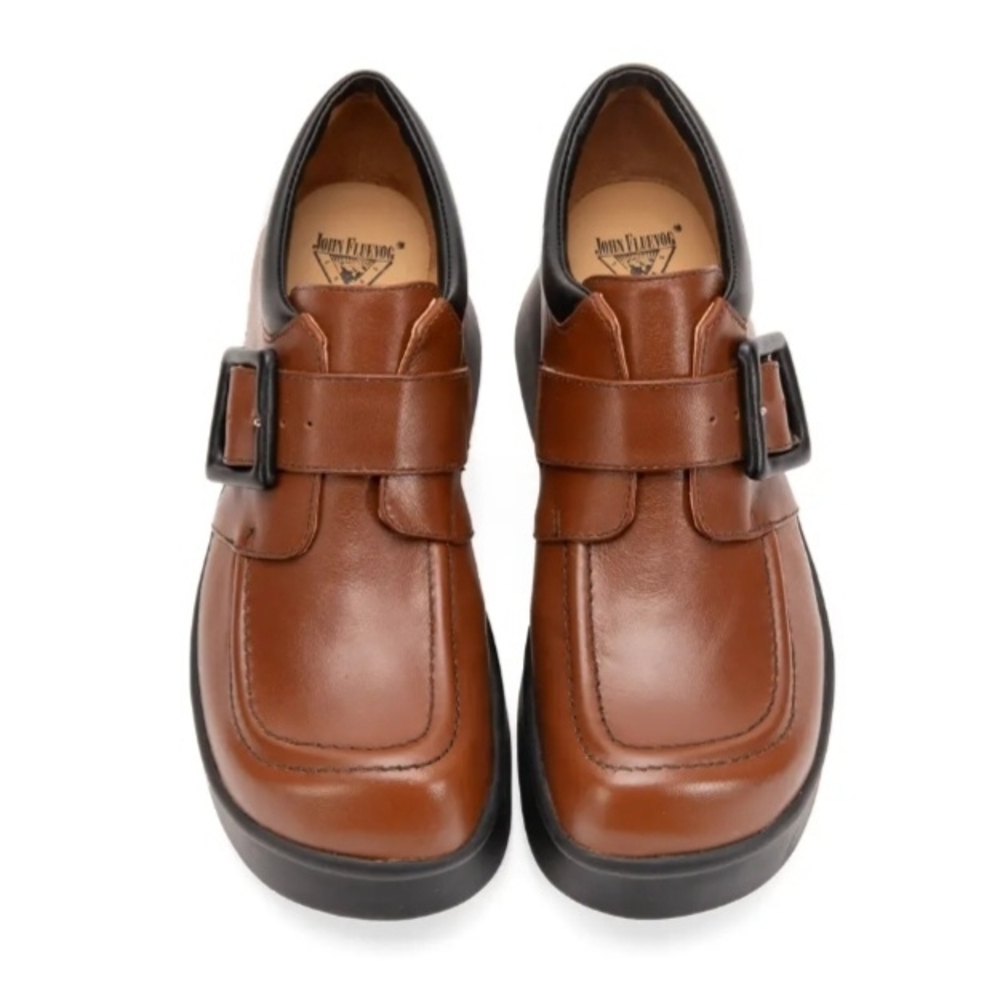 John Fluevog Brown Leather Loafers with Black Sole